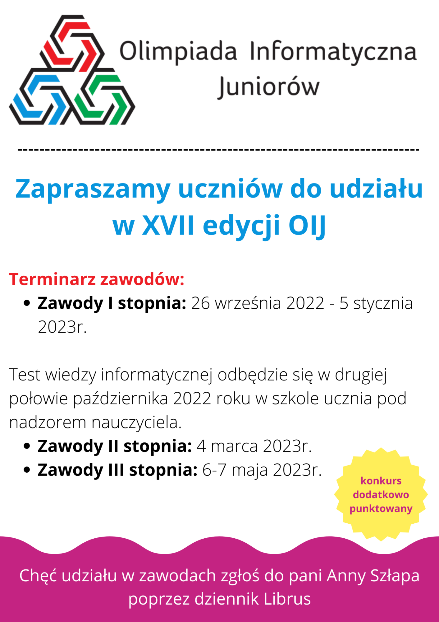 Plakat informacyjny o konkursie Olimpiada Informatyczna Juniorów 2022